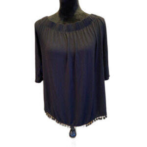 Pebble & Rose? Womens Black Plus Sz 2X Off Shoulder Stretch Top Blouse Pom Pom